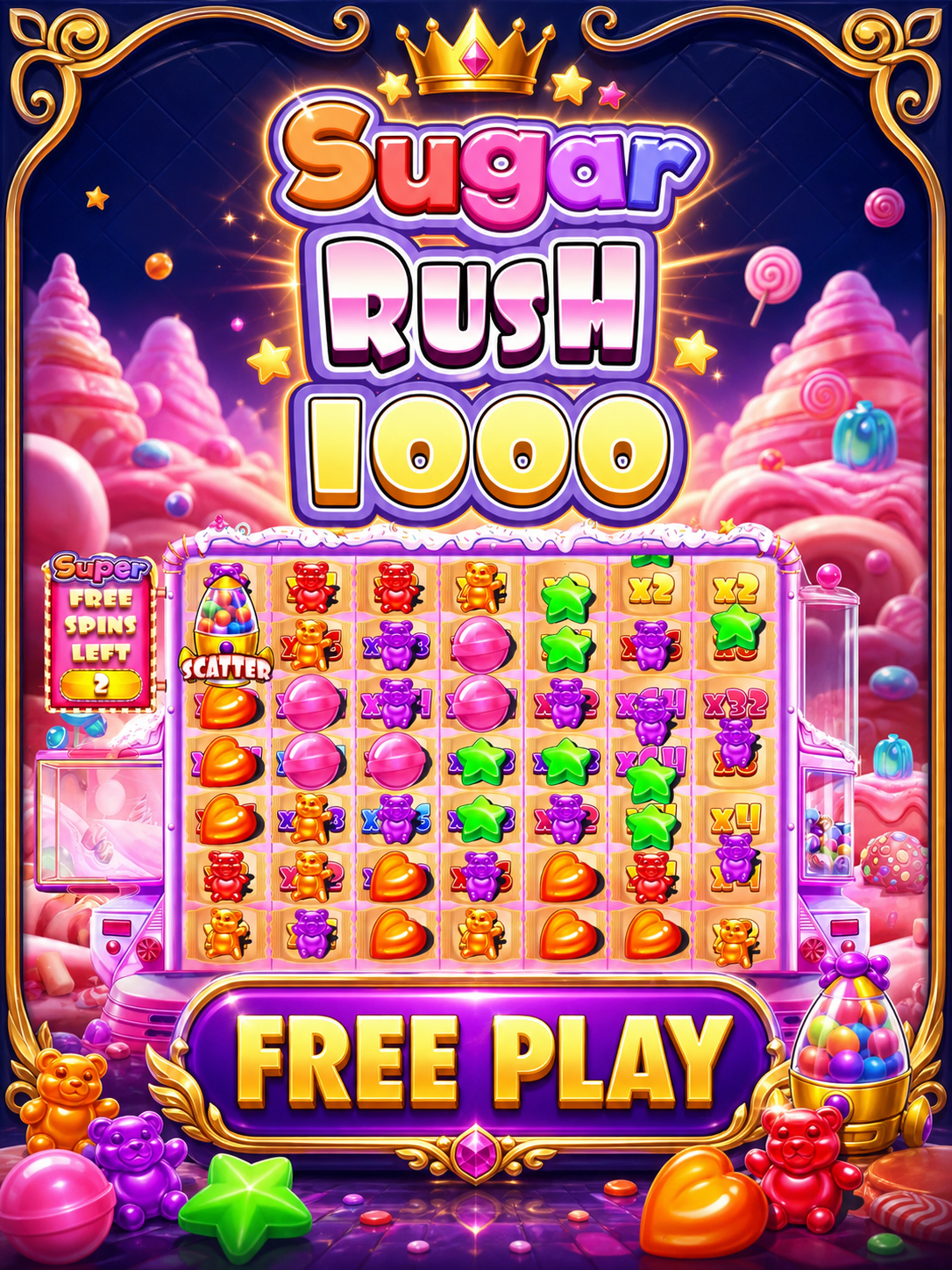 Sugar Rush 1000 Demo kostenlos starten - Bildschirm mit virtuellem Guthaben
